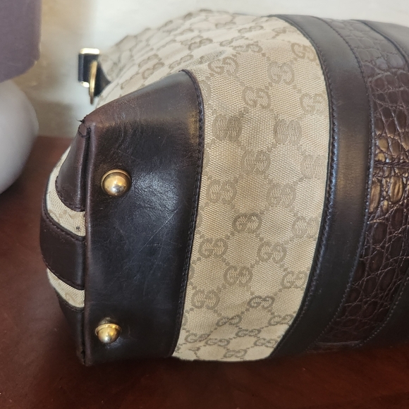 Gucci Beige Canvas Brown Leather Crocodile Secret Hobo - Picture 14 of 14